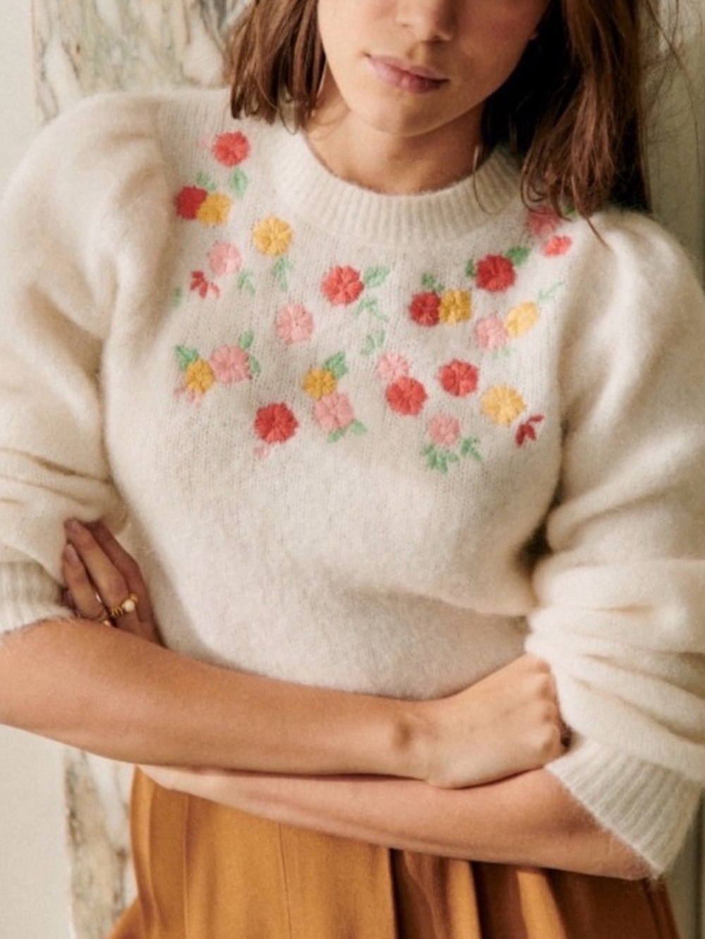 Sézane Ombline Jumper - kid mohair & wool Floral Embroidered Sweater NWT Medium